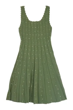 Olive green viscose-blend fully-fashioned scalloped plissé knit skater dress featuring bead broderie motif