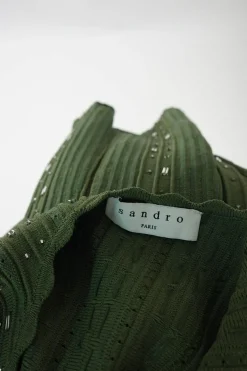 Olive green viscose-blend fully-fashioned scalloped plissé knit skater dress featuring bead broderie motif