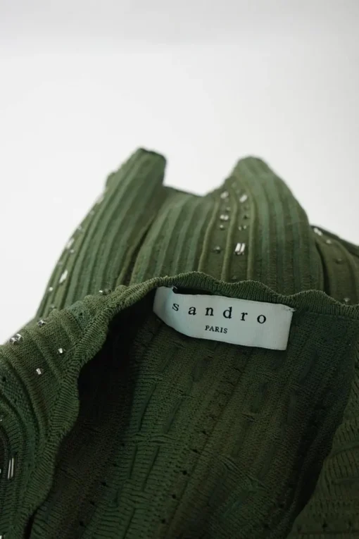 Olive green viscose-blend fully-fashioned scalloped plissé knit skater dress featuring bead broderie motif