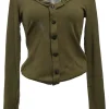 Olive green wool-blend interlock jersey knit button-front cardigan with ruffled neckline