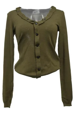 Olive green wool-blend interlock jersey knit button-front cardigan with ruffled neckline