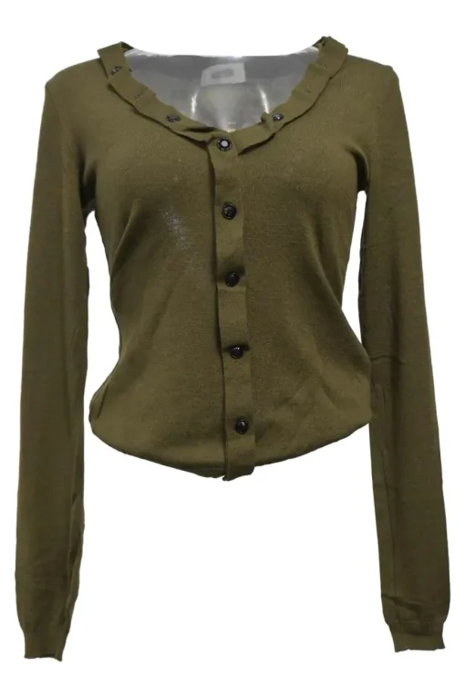 Olive green wool-blend interlock jersey knit button-front cardigan with ruffled neckline