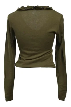 Olive green wool-blend interlock jersey knit button-front cardigan with ruffled neckline