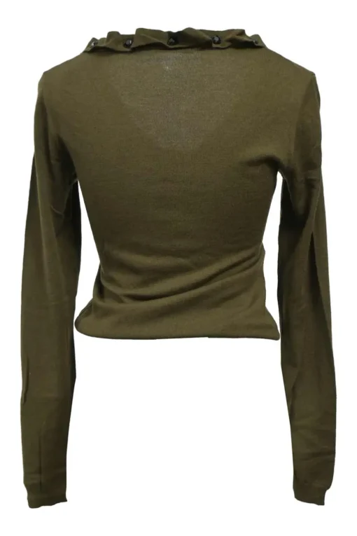 Olive green wool-blend interlock jersey knit button-front cardigan with ruffled neckline