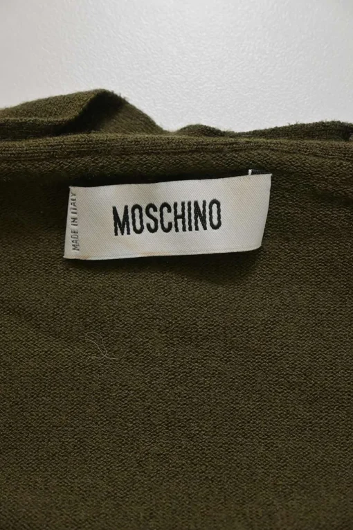 Olive green wool-blend interlock jersey knit button-front cardigan with ruffled neckline