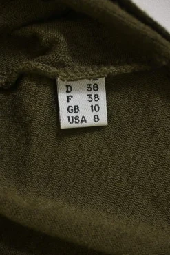 Olive green wool-blend interlock jersey knit button-front cardigan with ruffled neckline
