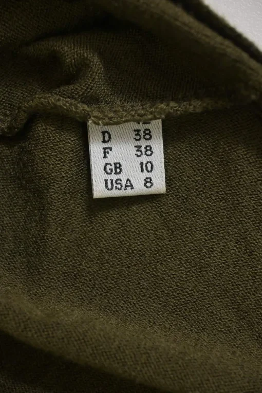 Olive green wool-blend interlock jersey knit button-front cardigan with ruffled neckline