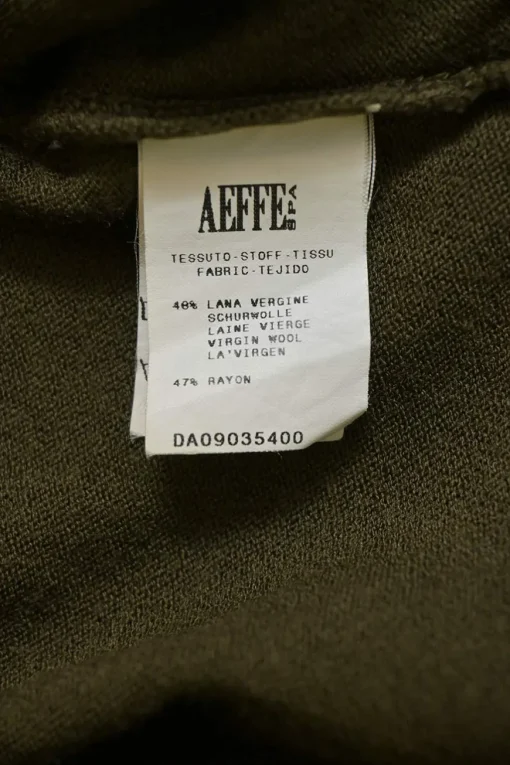 Olive green wool-blend interlock jersey knit button-front cardigan with ruffled neckline