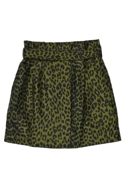 Olive polyester-blend leopard print paperbag waist belted mini skirt