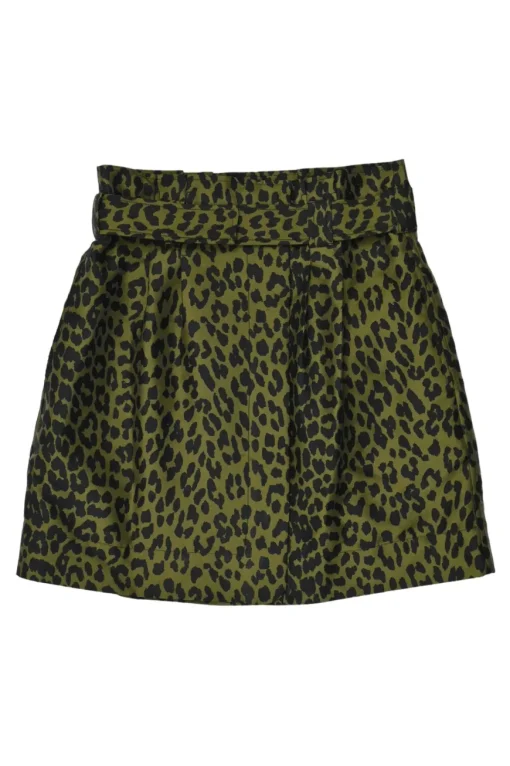 Olive polyester-blend leopard print paperbag waist belted mini skirt