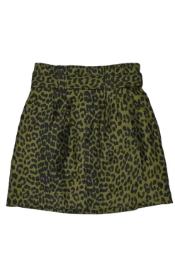 Olive polyester-blend leopard print paperbag waist belted mini skirt