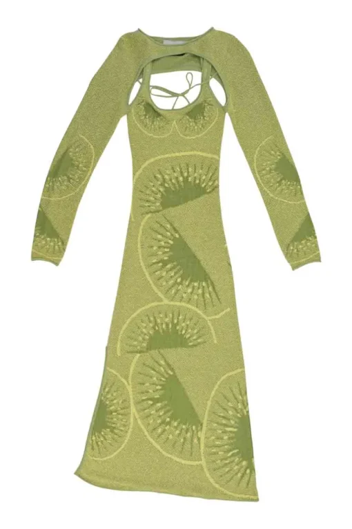 Olive roll hem Falling Kiwi jacquard knit slip dress with detachable tie-front shrug