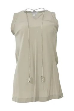 Olive silk Y-collar sleeveless blouse with built-in beaded tassel tie necklace