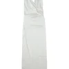 Optic white draped silk satin wrap-effect gown with twisted halter neck strap