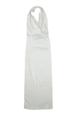 Optic white draped silk satin wrap-effect gown with twisted halter neck strap