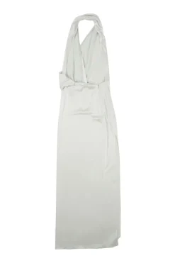 Optic white draped silk satin wrap-effect gown with twisted halter neck strap