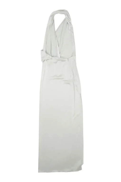 Optic white draped silk satin wrap-effect gown with twisted halter neck strap
