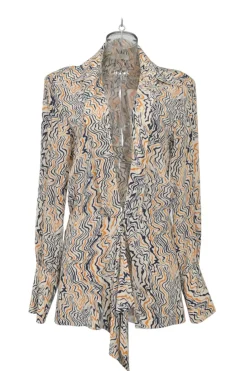 Orange abstract swirl print plunge neck tie-front logo tunic with dagger collar and bishop sleeves
