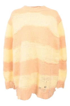 Orange acrylic-blend wide-gauge stripe jersey knit crewneck pullover slouchy sweater