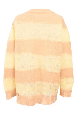 Orange acrylic-blend wide-gauge stripe jersey knit crewneck pullover slouchy sweater