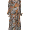 Orange and black floral hammered silk Lichen Bloom cowl midi dress with slash scye sleeves and handkerchief hem
