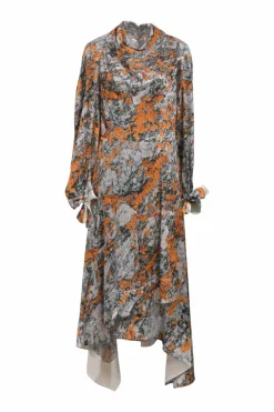 Orange and black floral hammered silk Lichen Bloom cowl midi dress with slash scye sleeves and handkerchief hem