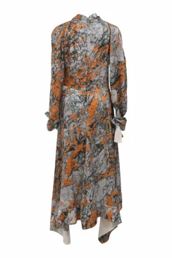 Orange and black floral hammered silk Lichen Bloom cowl midi dress with slash scye sleeves and handkerchief hem
