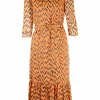 Orange and black tear drop mid-length dress with pleats and, mid-length sleeves and a ruffle neckline