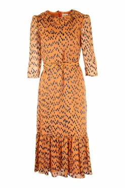 Orange and black tear drop mid-length dress with pleats and, mid-length sleeves and a ruffle neckline