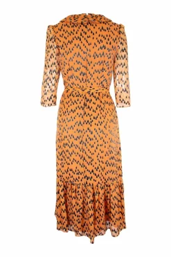 Orange and black tear drop mid-length dress with pleats and, mid-length sleeves and a ruffle neckline