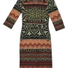 Orange and black viscose-blend abstract print cropped sleeve sheath dress with slit at centre back