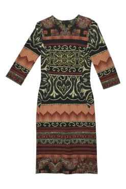 Orange and black viscose-blend abstract print cropped sleeve sheath dress with slit at centre back