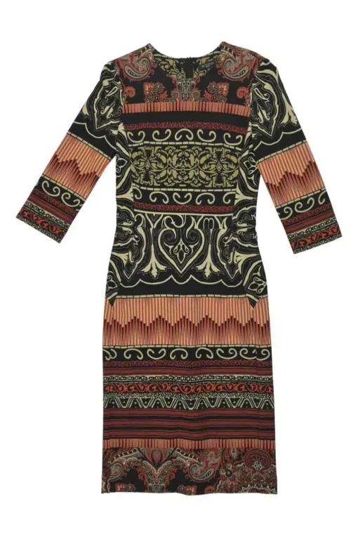 Orange and black viscose-blend abstract print cropped sleeve sheath dress with slit at centre back