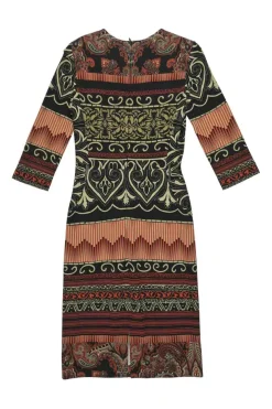 Orange and black viscose-blend abstract print cropped sleeve sheath dress with slit at centre back