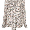 Orange and brown silk geometric print pussy-bow blouse