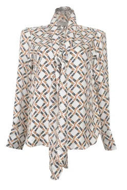 Orange and brown silk geometric print pussy-bow blouse