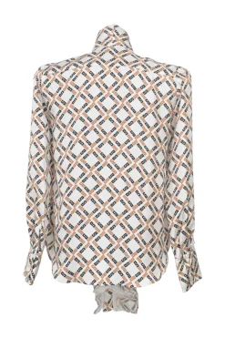 Orange and brown silk geometric print pussy-bow blouse