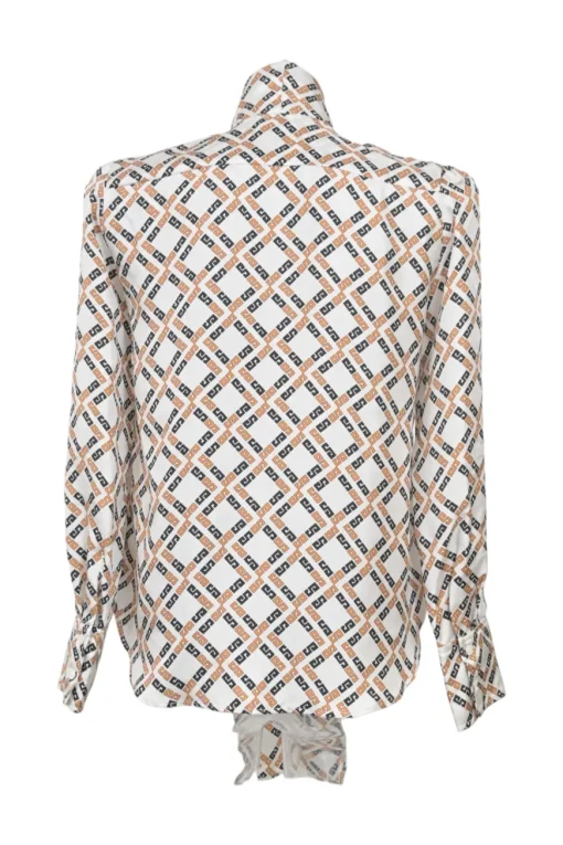 Orange and brown silk geometric print pussy-bow blouse