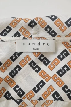 Orange and brown silk geometric print pussy-bow blouse
