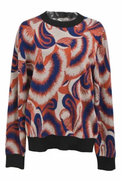 Orange and navy merino-viscose abstract jacquard knit crewneck pullover sweater