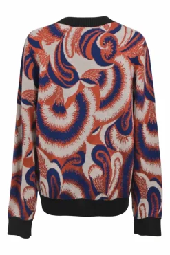 Orange and navy merino-viscose abstract jacquard knit crewneck pullover sweater