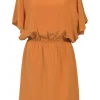 Orange bias-cut draped silk bateau neck blouson dress with dolman sleeves and elasticated waistband