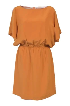 Orange bias-cut draped silk bateau neck blouson dress with dolman sleeves and elasticated waistband