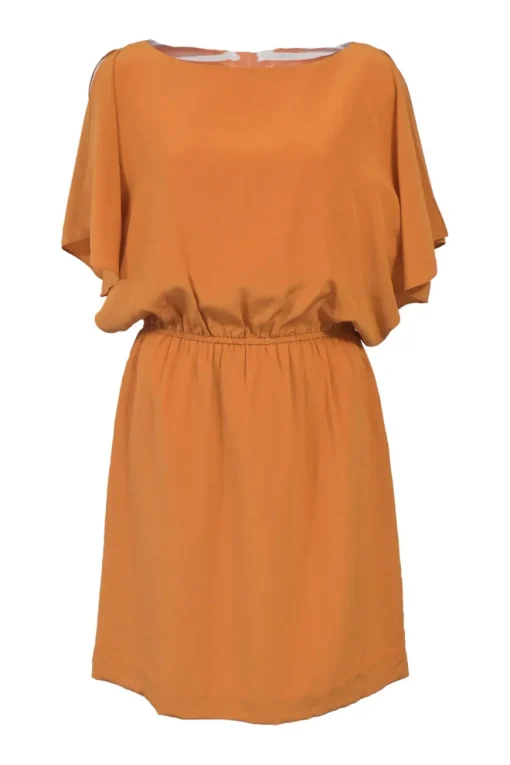 Orange bias-cut draped silk bateau neck blouson dress with dolman sleeves and elasticated waistband