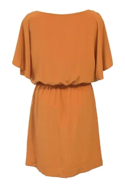 Orange bias-cut draped silk bateau neck blouson dress with dolman sleeves and elasticated waistband
