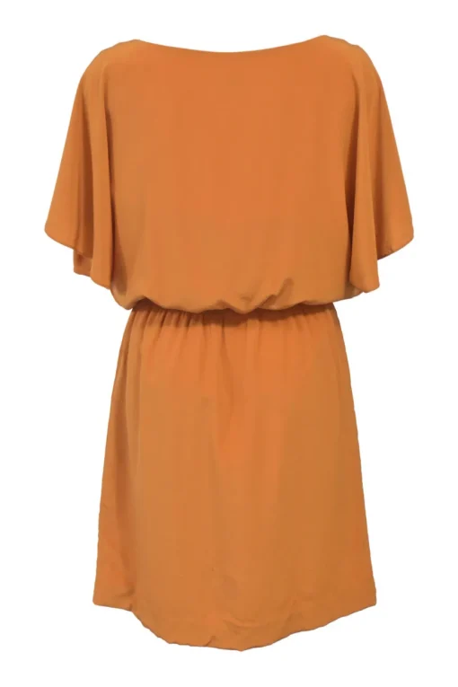 Orange bias-cut draped silk bateau neck blouson dress with dolman sleeves and elasticated waistband