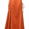 Orange bias-cut polyester godet midi skirt with lace-up tuck pleat hip detailing