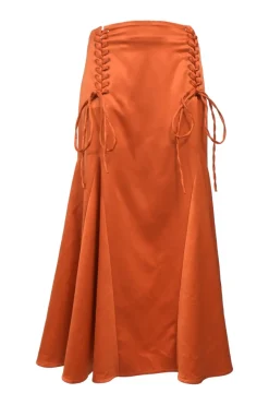Orange bias-cut polyester godet midi skirt with lace-up tuck pleat hip detailing