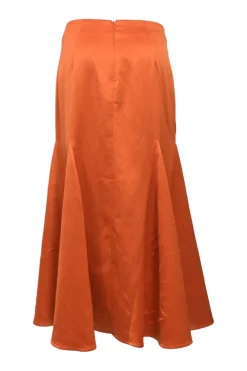 Orange bias-cut polyester godet midi skirt with lace-up tuck pleat hip detailing