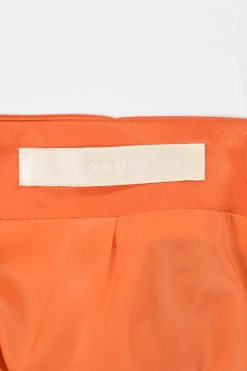Orange bias-cut polyester godet midi skirt with lace-up tuck pleat hip detailing